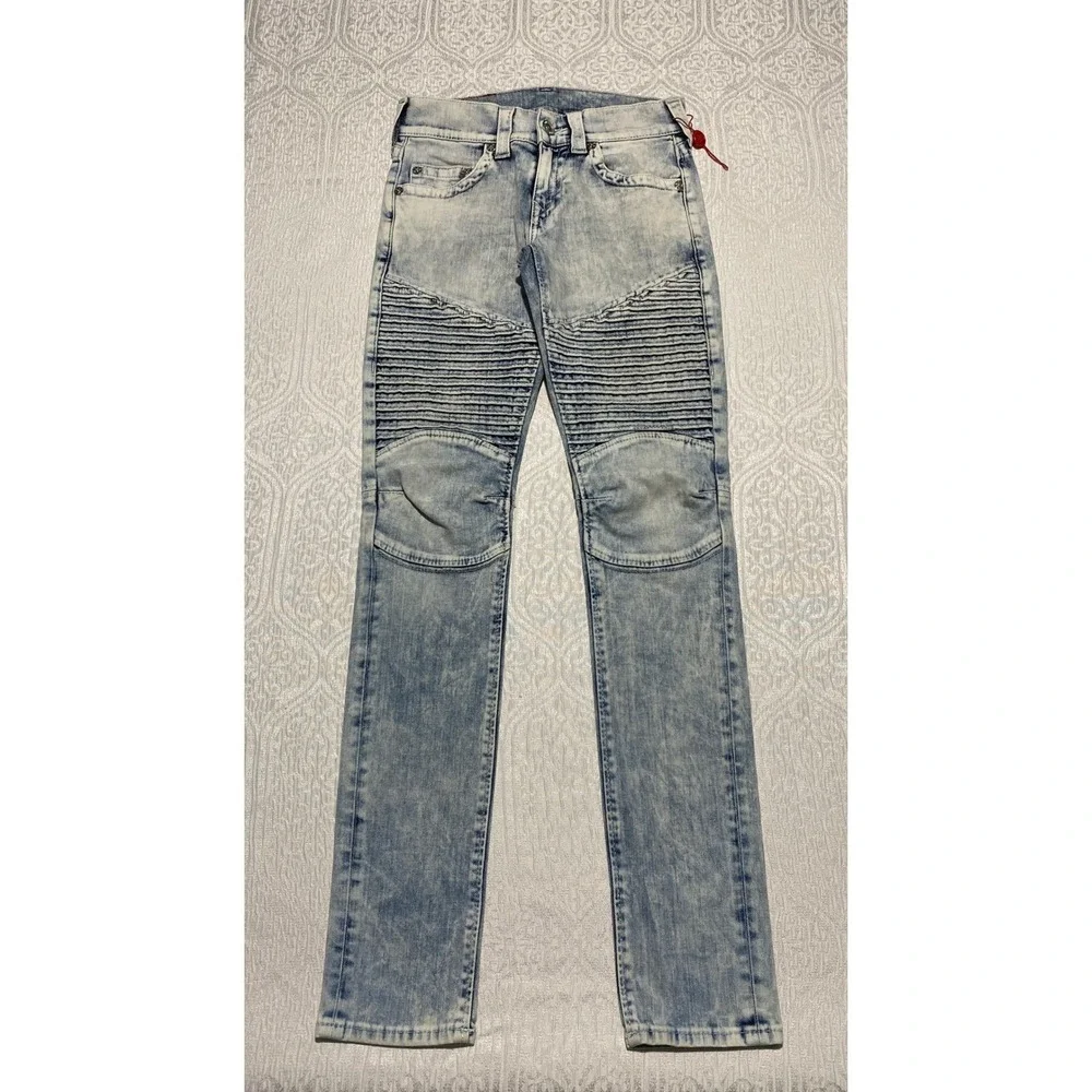 True Religion Pleated Moto Skinny Jeans Light Acid Wash Blue Size 27
